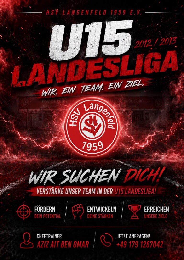 Hier sieht man ein Plakat, auf dem die U15 Junioren nach lernwilligen neuzugängen für die kommende Spielzeit suchen
