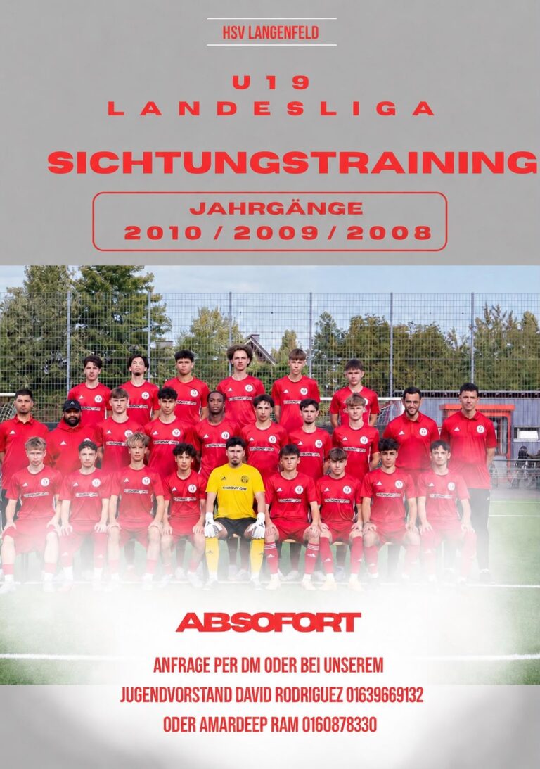Hier sieht man ein Plakat mit Teamfoto der U19 Junioren, das eine Einladung zu einem Sichtungstraining beinhaltet