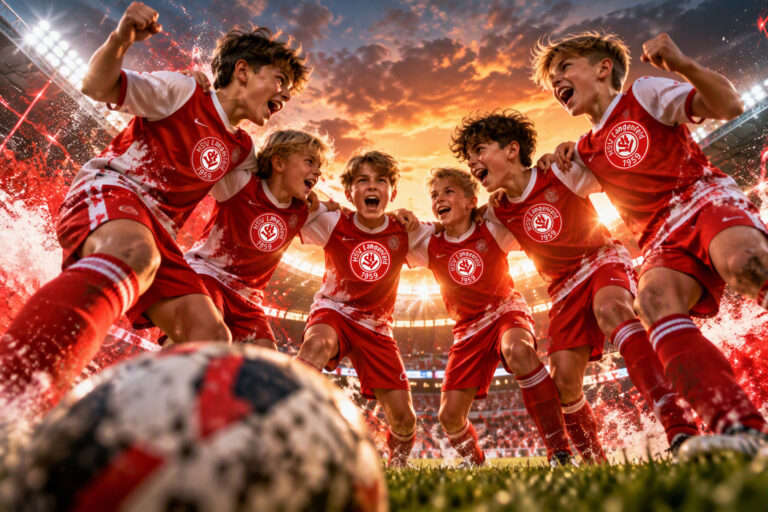 Hier wird eine Gruppe von Jungs, offensichtlich, Fussballer, dargestellt, die in einem Kreis stehen, in dessen Mitte ein Fussball liegt
